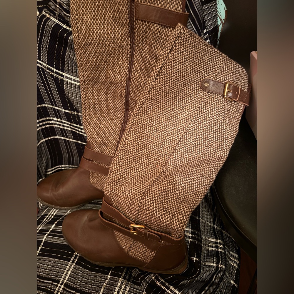 Brown Tweed Knee-High Boots with Buckle - Picture 5 of 6